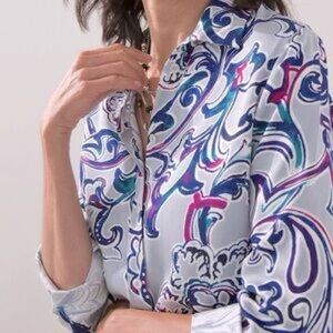 Chico’s Sandwash Satin Painted Dream Blouse Size 3 (16/XL) Button Down O3
